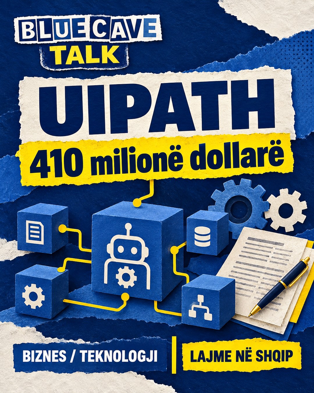 Blue Cave Talk — UiPath raporton 410 milionë dollarë të ardhura: automatizimi mbetet biznes · Ilustrim konceptual AI.